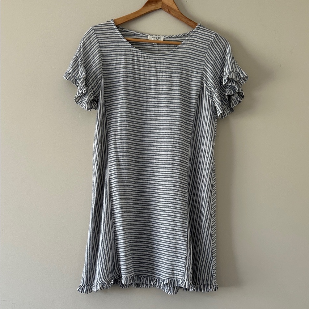 Umgee Stripe Linen Cotton Ruffle Dress Size Small Lightweight Popover Mini